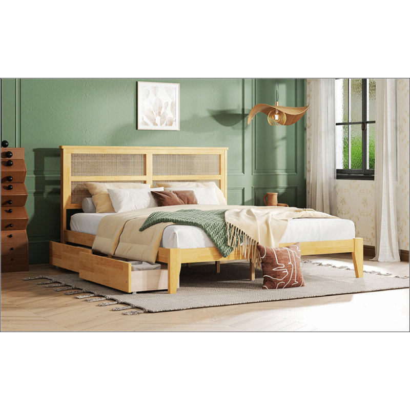 King Size Bed With Rattan Headboard, King, White Oak