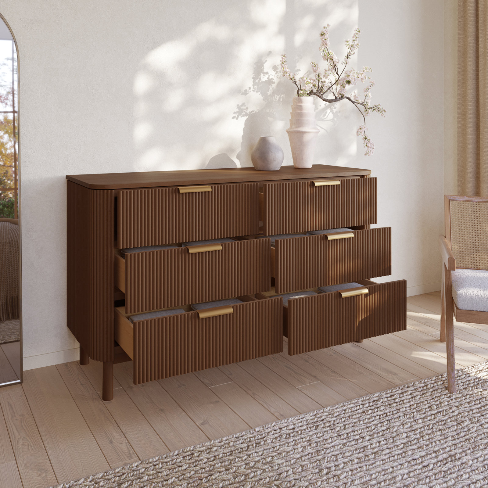 Nova 60" 6-Drawer Dresser with Reeded Front, Brown Reeded