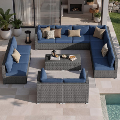 Riyonna 14-Piece Outdoor Wicker Modular Sectional Sofa Set with Tempered Glass Coffee Table and Cushions,Patio Conversation Set For Poolside,Terraces and Backyard