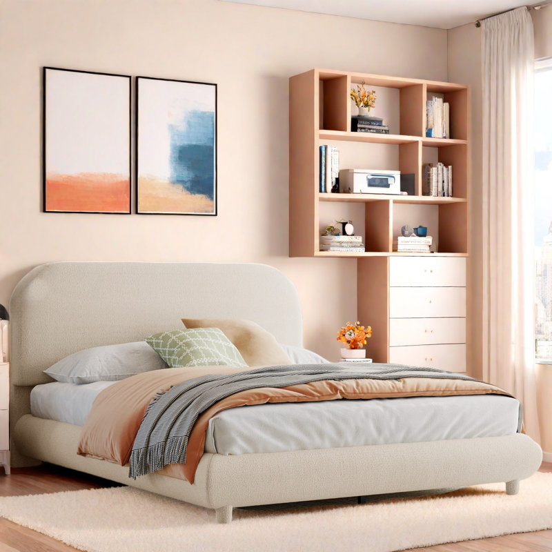 Lit plateforme tapissier avec tissu épais et design élégant en forme de courbe, Complet/Double
