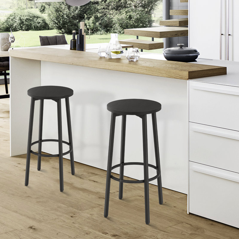 Backless Round Bar Stool Counter Stool With Footrest, Black