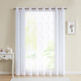 Sheer Faux-Linen Sliding Door Curtain Panel With Rustic Stitched Leaf Embroidery