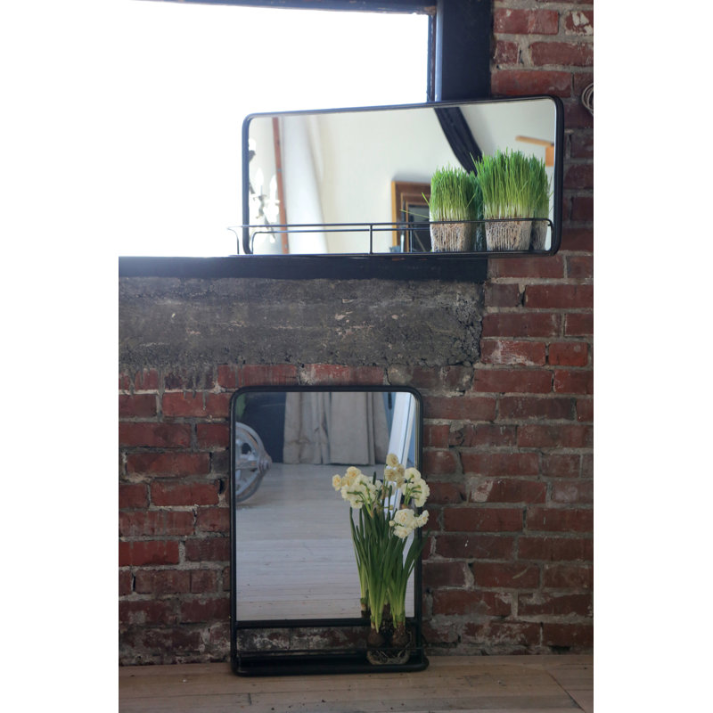 Metal Flat Wall Mirror with Shelves, Black, 69.85cm H x 49.53cm W