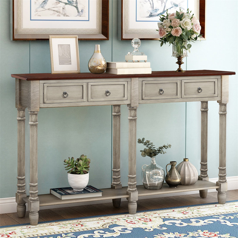 Console en bois massif de 57,9 po, Noyer, Gris antique
