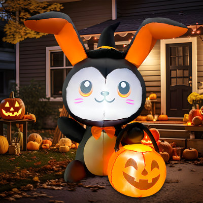 4.8 FT LED-Lit Halloween Inflatable Cat with Bunny Ears & Pumpkin