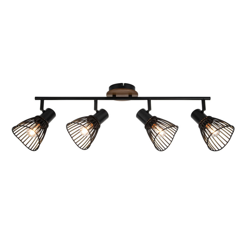 Hadley 4 Light Industrial Matt Black Wire Shade Spotlight with Wooden Backplate, 65x11x24cm, 4xE14. Max. 10W LED (Bulb not included)