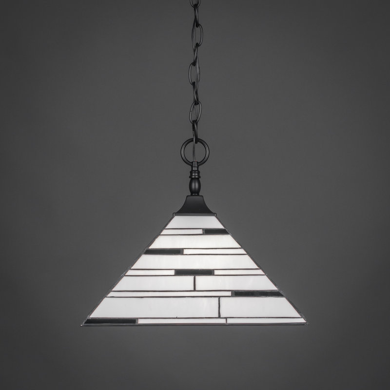 Chain Hung Pendant With Square Fitter Shown In Matte Black Finish With 14" Pearl Ebony Art Glass