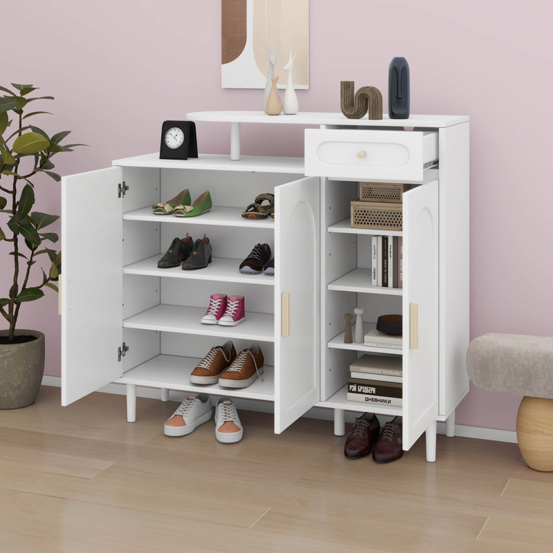Range-chaussures avec portes arquées et tiroir, organisateur de rangement à tablettes réglables, Blanc