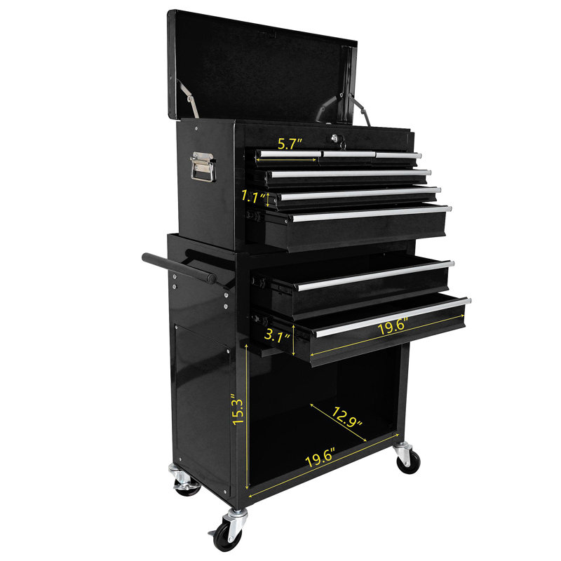 Coffre à outils roulant à grande capacité avec roulettes et tiroirs, armoire de rangement pour outils à 8 tiroirs - Noir