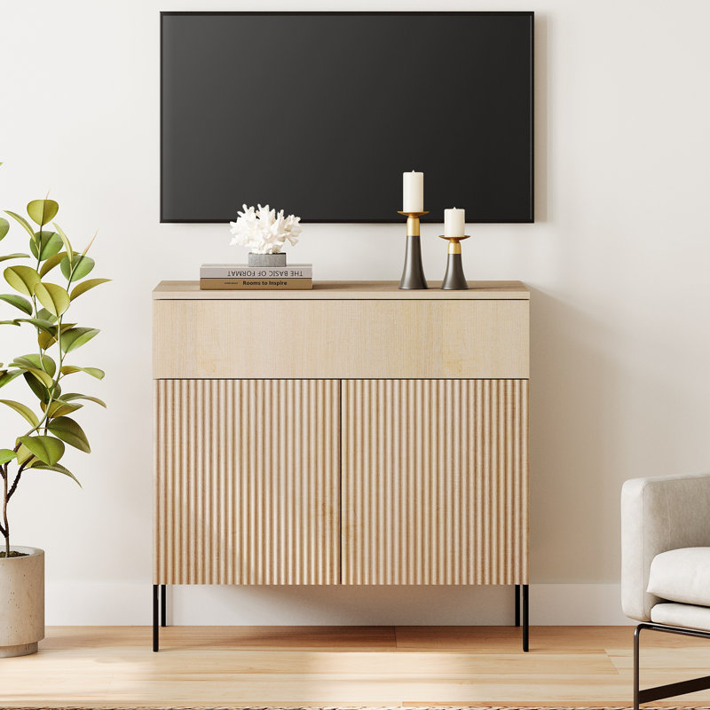 Union Rustic 31.5" Modern Reeded TV Stand With Doors, Entertainment Center With Shelf, Wooden TV Console With Drawers For Living Room