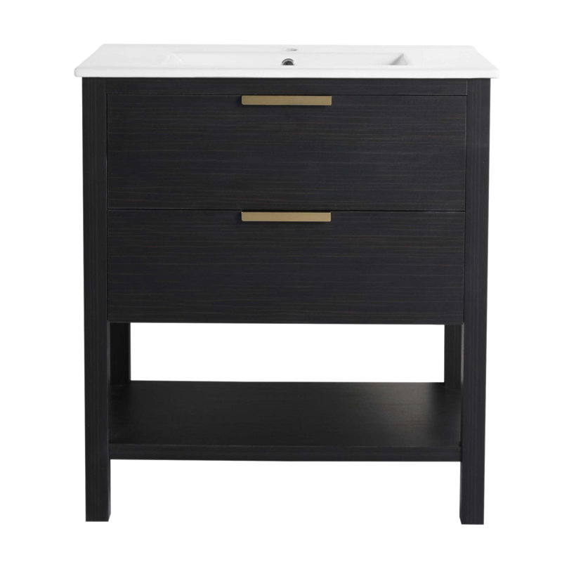 Meuble-lavabo de 30 po avec lavabo et 2 tiroirs à fermeture douce, poignée dorée pour un rangement élégant
