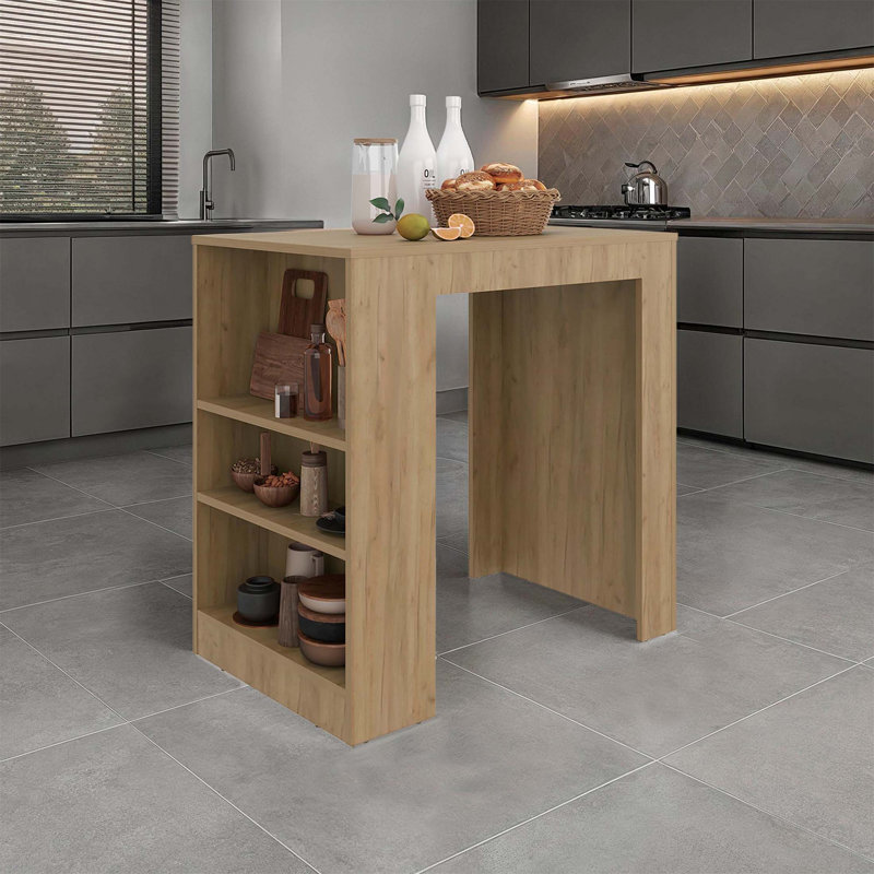Kitchen Island And Counter Height Table Top With Open Shelves For Organized Storage And Stylish Design, Oak
