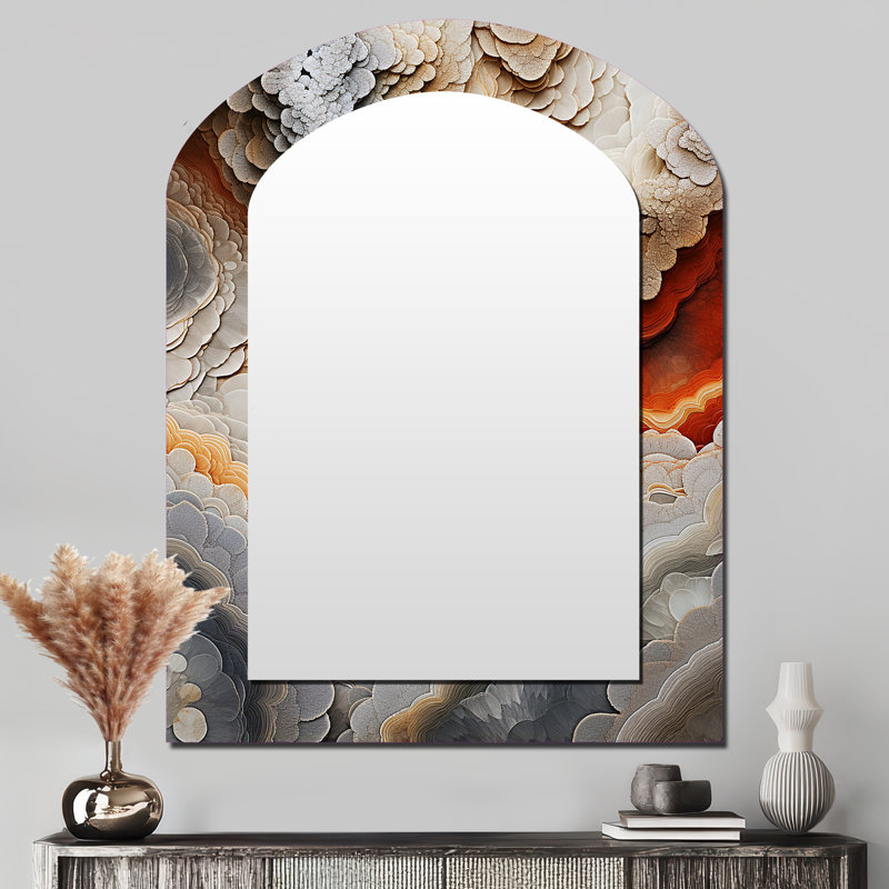 «Beige et pêche», Geode Simplicity I - miroir asymétrique à géométrie de pierre, miroir mural unique à arche beige, impression sur métal