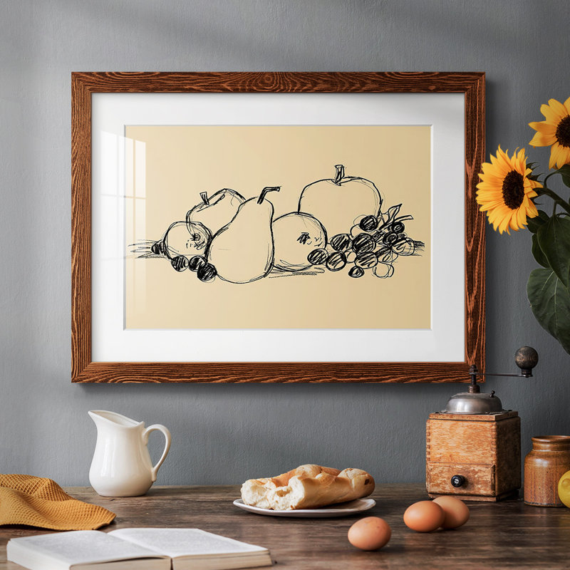 Graphite Fruit II - Matted and Framed Under Acrylic Glass, Large Living Room Wall Art, Maple