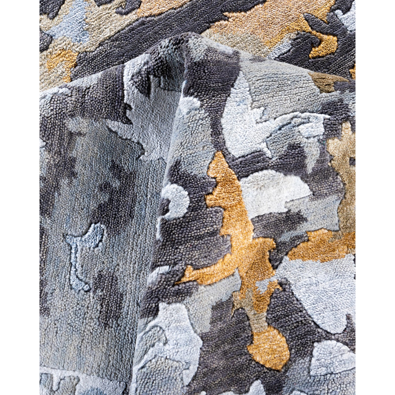 Gray Hand-Knotted Wool and Silk Rectangular Area Rug