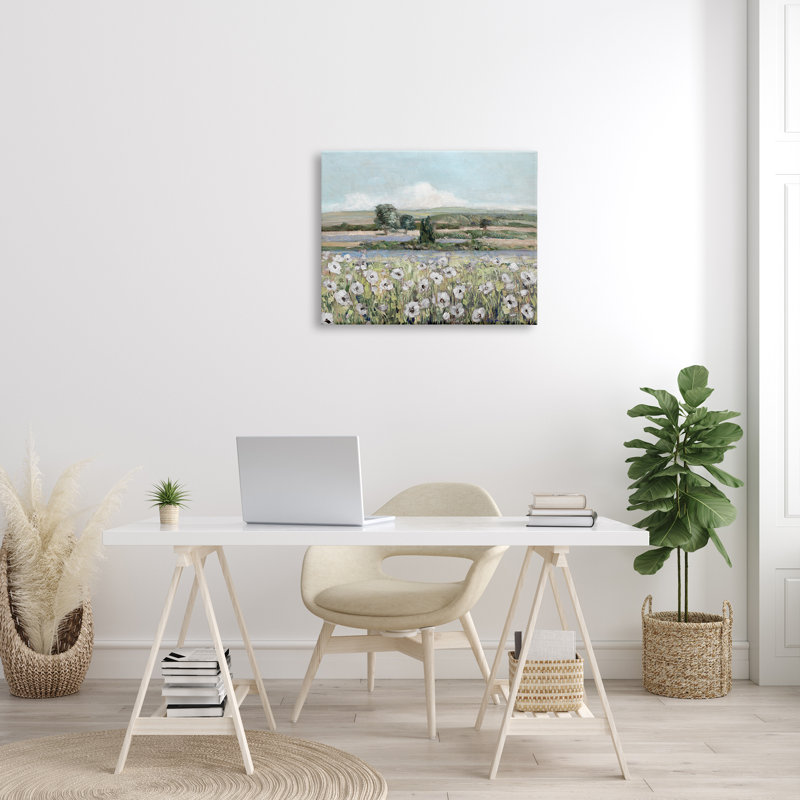 Vue de ruisseaux à fleurs champêtres, campagne, par Sally Swatland, H 24 po x l 30 po x P 1,5 po, Toile tendue