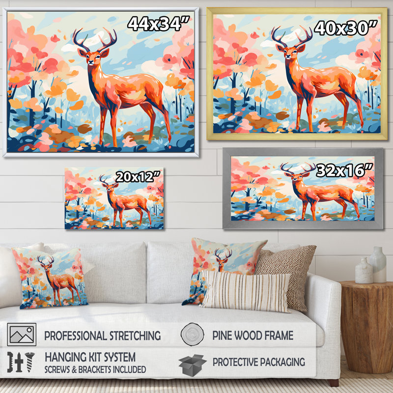 Art floral mural, cerf et rose II, Cadre d'angle fermé noir, H 30 po x l 40 po x P 1,5 po