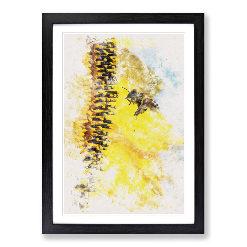 Busy Bee & Yellow Flower Watercolour - Picture Frame Graphic Art, 33cm H x 24cm W x 2cm D, Black Framed