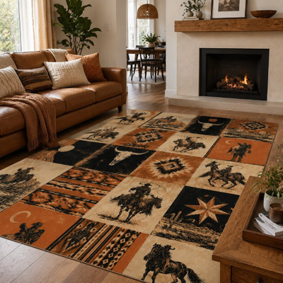 Tapis de style crâne de cheval 1 pièce Western Cowboy, tapis rétro de style sud-ouest, lavable, facile à nettoyer, envers antidérapant, pour le salon, la cuisine, la cuisine, le bureau, l'intérieur