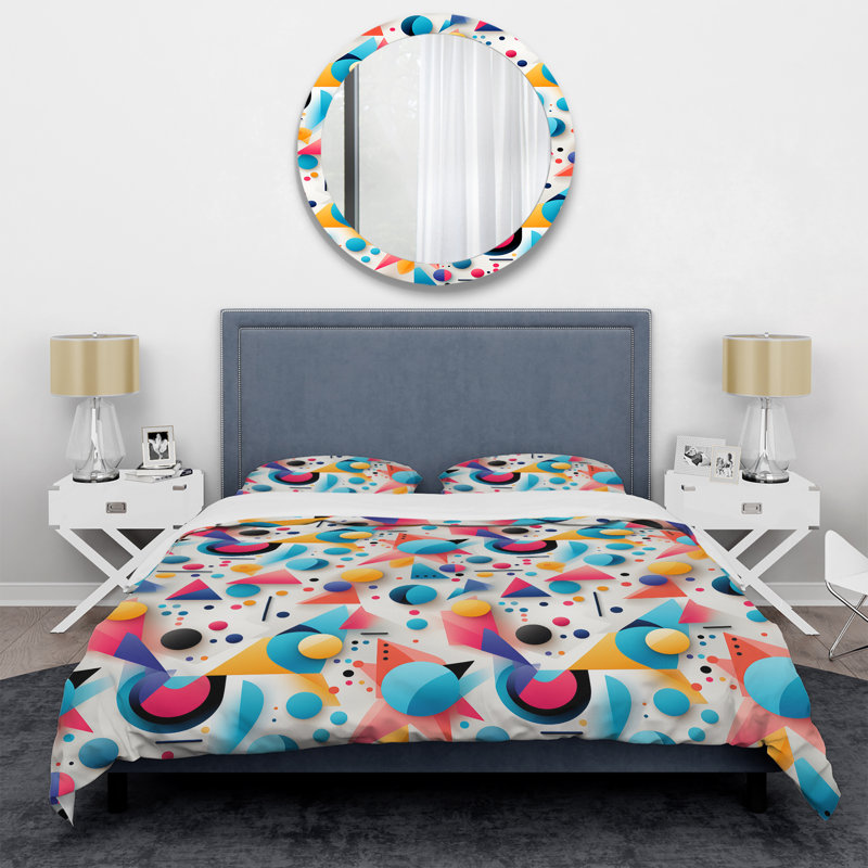 Ensemble de housse de couette géométrique rose et bleu Mid-Century, Housse de couette pour très grand lit et 2 très