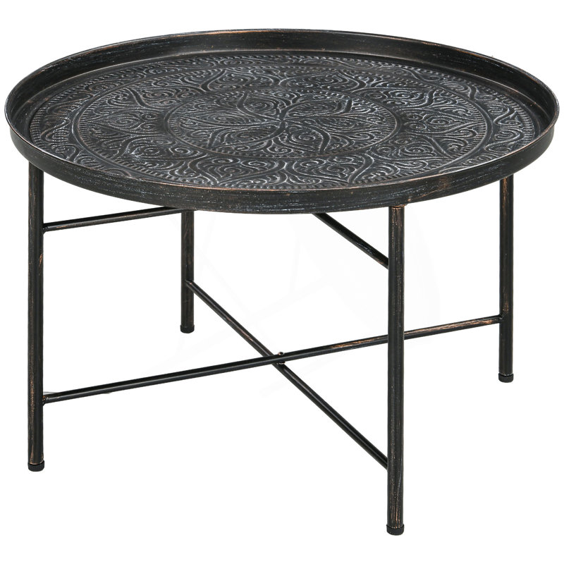 24 Inch Round Coffee Table With Hammered Tray Top