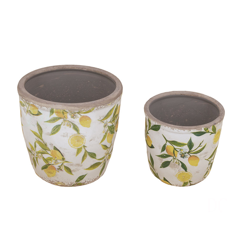 S/2 Matching Ceramic Planters With Yellow Lemon Motif