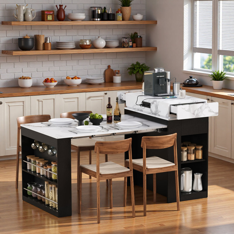 Kitchen Island With Extendable Dining Table, Drawers, Power Outlet, Wheels And Hooks, Black