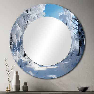 Winter Frosty Forest IV - Winter Landscape Mirror, Traditional Round Decorative Wall Mirror, Printed Metal Art