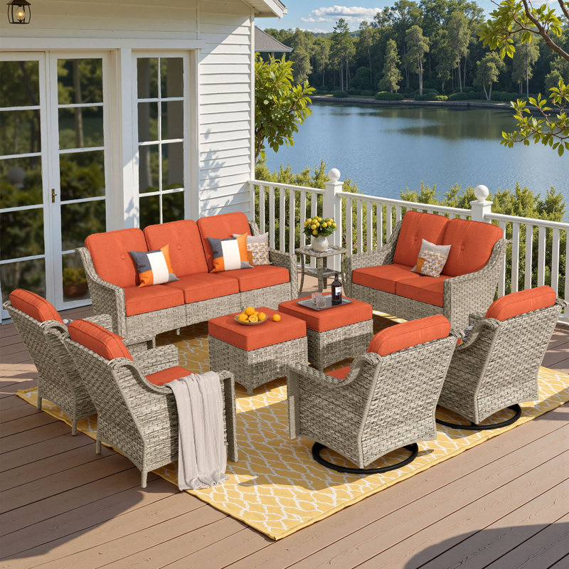 Porretto 9 - Person Patio Conversation Set with Cushions, Striped Orange
