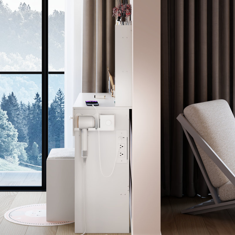 17" Round Led Vanity Table And Cushioned Stool , 3 - Color Adjustable System, Touch Controlled Mirror , Built In 2 Ac + 1 Type C Ports, Large Desktop, Multi Layer Storage, American Design, White