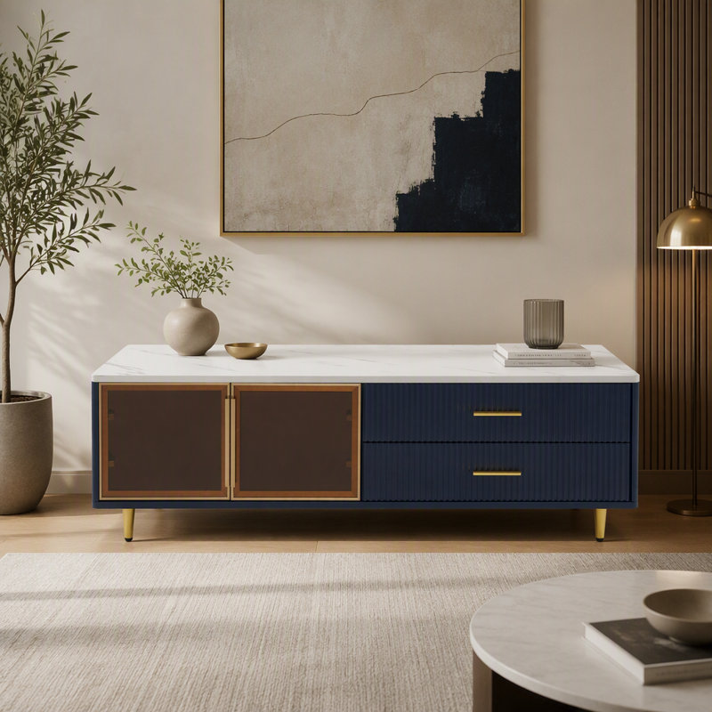 Modern Navy Blue Coffee Table with 2 Glass Door Storage, 4 Drawers, Gold Metal Legs, and Multi-Color Lighting in 47.2''