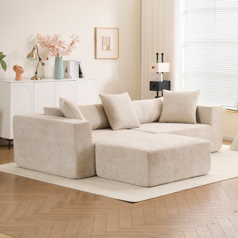 Nonantum Boneless L-Shaped Upholstered Sectional Sofa with Ottoman & Cushions, Beige Chenille