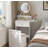 White Makeup Vanity Desk with Round Mirror and Lights, 2 in 1 Nightstand, Dressing Table with a Chair