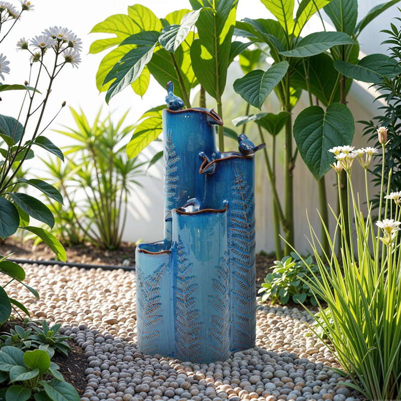 Handcrafted Outdoor Ceramic / Porcelain Weather Resistant Cascade Fountain with Lights, Turquoise