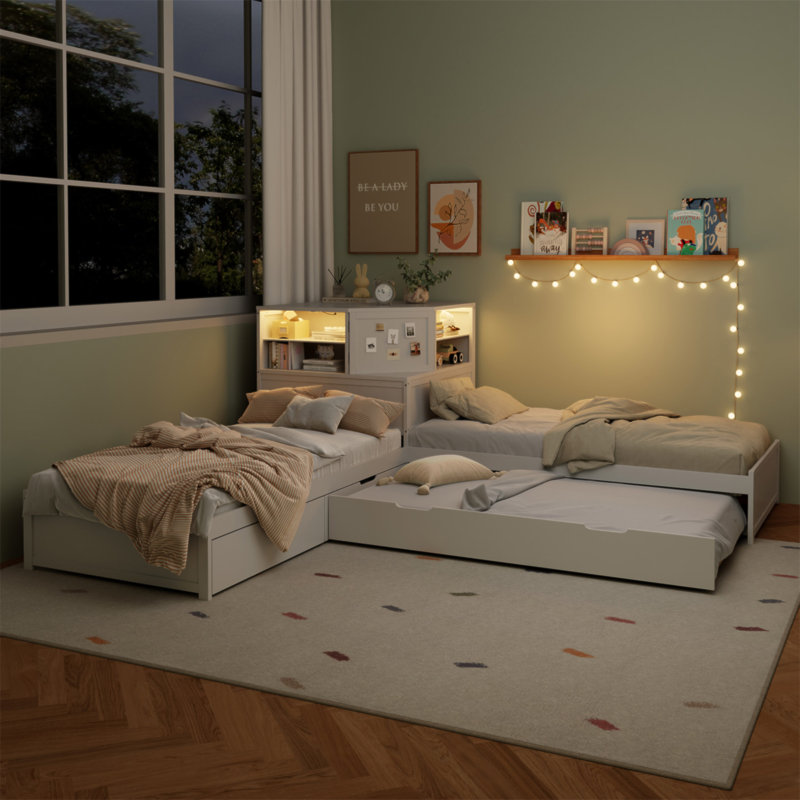 Lit simple en L avec lit gigogne et tiroir en forme de L, lit plateforme en coin bas 3-en-1 avec bureau intégré et éclairage à DEL