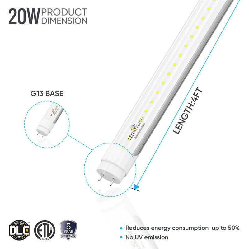 20 watts, ampoule à DEL T8, intensité non variable, lumière du jour G13 / base à deux broches, 5000