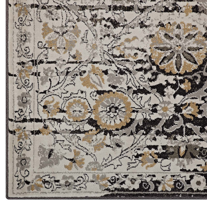 Modway Ganesa Distressed Diamond Floral Lattice Area Rug in Black and Beige, Rectangle 8' x 10'