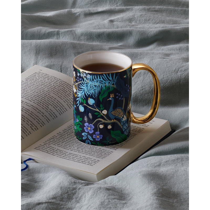 Midnight Blue Ceramic Peacock Mug with Gold Accents