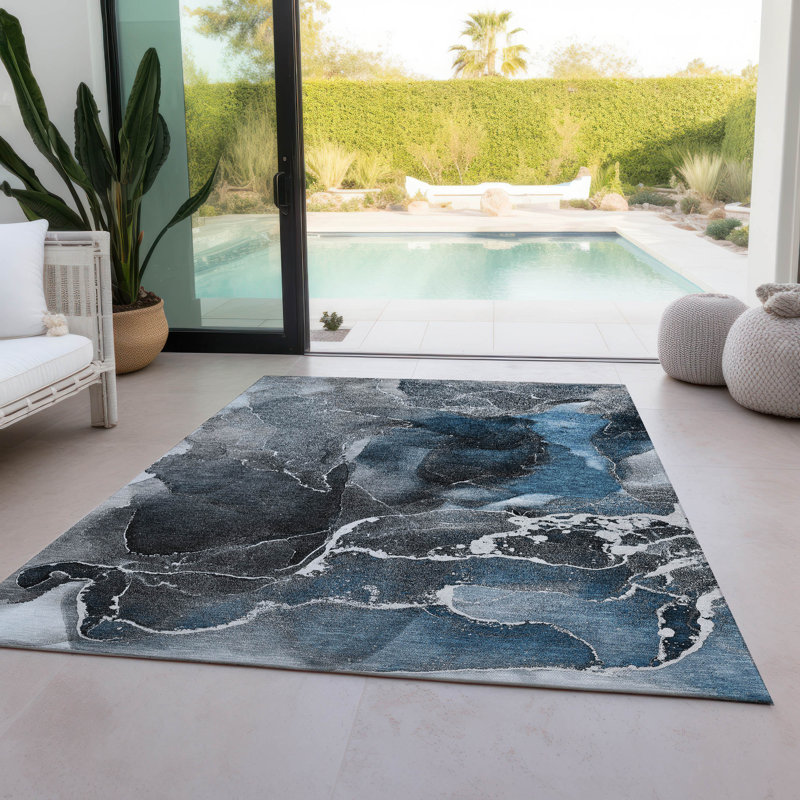 Tapis intérieur / extérieur bleu en polyester tissé à la machine Kyrie, Rectangle 3 pi x 5 pi