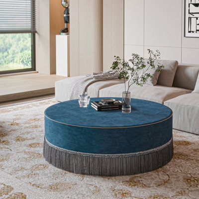 Upholstered Cocktail Ottoman Large Coffee Table for Living Room,40 Inch Modern Round Cushioned Tassel Center Table Blue by Dakota Fields