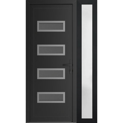 Porte d'entrée extérieure prémontée en PVC-U métal-plastique Manux 8113, noir mat, avec imposte latérale, pour bureaux, commerces et habitations. Convient également pour le patio et le garage. Dimensions : 50 x 80 pouces (L 36 + 14 x H 80 pouces). Ouverture à gauche vers l'intérieur.