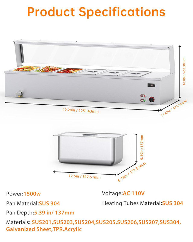 Chauffe-plat commercial 48QT 1500W, table de cuisson à vapeur en acier inoxydable à 6 plaques avec bouclier et couvercles en acrylique