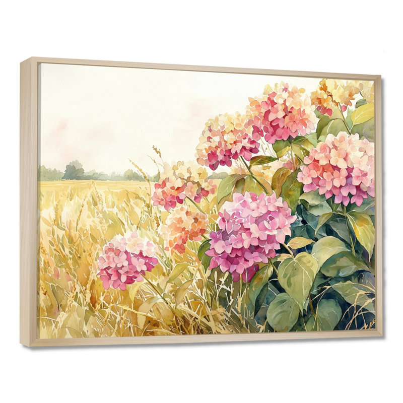 Paysage d'hortensias dans le champ de maïs - hydrangées, art mural, H 24 po x l 32 po, Floater Framed, Brun