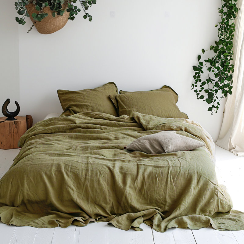Ensemble de draps 100% lin français 4 pièces, Ensemble de draps pour lit double avec 2 taies d'o, Olive
