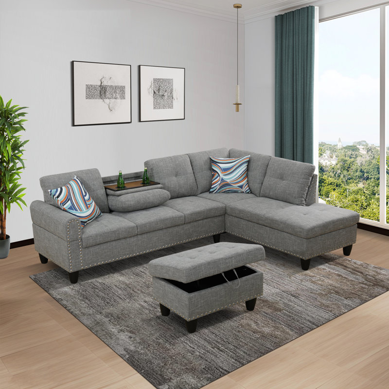 Harwant 3 Pieces 97" Wide Sectional Set,Sofa,Chaise&Ottoman, Right Hand Facing, Light Grey Linen