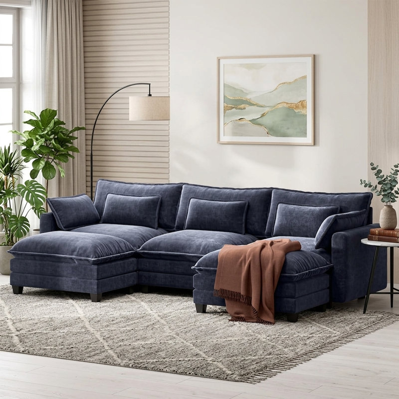 111" Modular Sectional Sofa with 2 Movable Ottomans, U-Shaped Oversized 3-Seat Chenille Cloud Sofa with 5 Pillows for Living Room, Blue