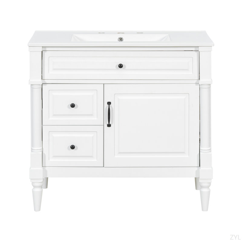 Bathroom Vanity With Sink, Freestanding Bathroom Cabinet With Flip Drawer & Adjustable Shelf, Solid Rubberwood Frame, MDF Panels & Metal Handles
