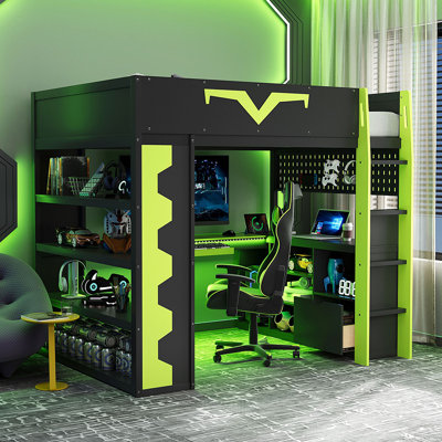 Lit mezzanine avec bureau intégré et lumières à DEL RVB, lit Pro-Gamer avec prise de courant, grande bibliothèque, panneau perforé, plateau à clavier et tiroir de rangement, disponible en 3 couleurs