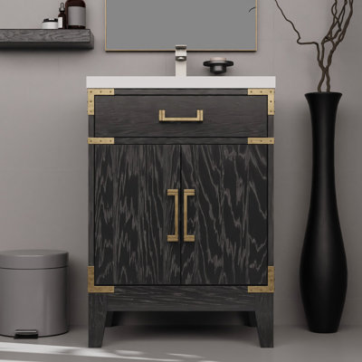 24 In. W X 18 D Black Oak Bath Vanity, Hand-polished Acrylic Countertop, Mirror & Faucet Bathroom Vanity 24"x18", Included H