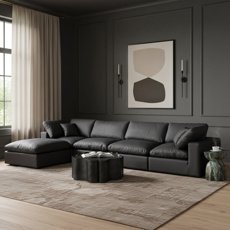 Canapé modulaire réversible en similicuir de 160 po de large avec repose-pieds, Cuir végétalien noir